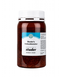 braune dose mit weissem schraubdeckel,blauweisse etikette vorne drauf, granulatmischung in der dose